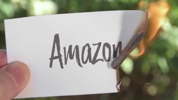 Amazon Kelimesinin Bir Kağıt Parçasına Yazılması Ormanların Kötü Korunması Yangınlar — Stok video