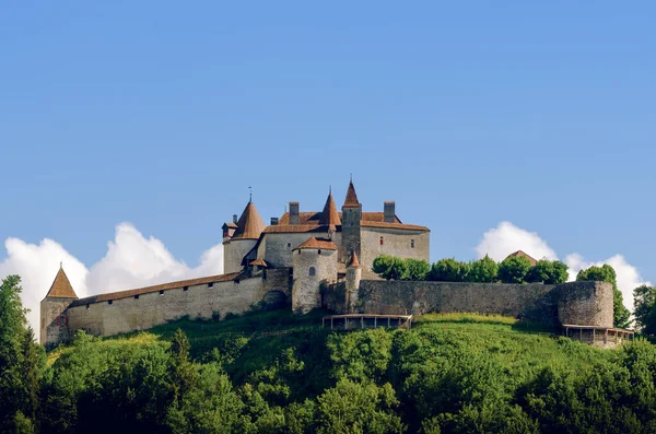 Vista Exterior Del Pueblo Gruyeres Famosa Ciudad Suiza Con Castillo —  Fotos de Stock