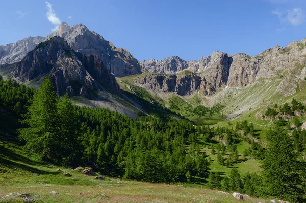 Mountain range, valley and forest on the path to colle delle muine (pass of muine) in maira valley, beautiful landscape in the maritime alps of Piedmont, Italy