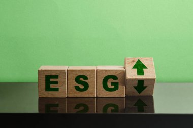Tahta bloklardaki oklarla ESG kavramı. İş ve Çevresel Büyüme Konsepti. Çevre dostu iş. Yüksek kalite fotoğraf