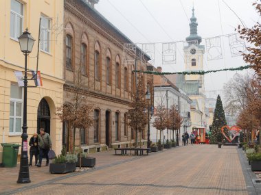 BJELOVAR, CROATIA - 6 Aralık 2025: Advent dekorasyonları Avila 'daki Aziz Teresa Katedrali' nin yakınındaki ana meydanı Noel ağacı, market tezgahları ve sakin bir kış tatili atmosferiyle doldurdu.