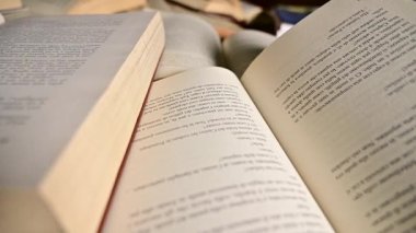 Basılmış sayfalar, dokular ve tipografinin altını çizerek, bir masada düzenlenmiş birkaç açık kitap üzerinde video taraması yapmak. Sahne eğitim, öğrenme, araştırma ve entellektüel merak konularını çağrıştırıyor, bilgi ve öğrenimle ilgili kavramlar için ideal