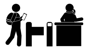 Havaalanı giriş kapısı pictogram simgesi, personel siluet vektörü ile kapıdan giren yolcu