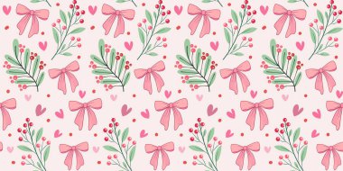 Bahar çiçeği ve yeşil yaprak elementleriyle pembe kurdele deseninin kusursuz vektör çizimi. Klasik kumaş duvar kâğıdı tasarımı, Sevgililer Günü ve tatlı arka planlar için mükemmel..