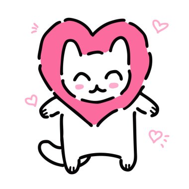 Pembe bir kalbe sarılan el yapımı sevimli bir kedi. Tatlı kawaii çizimi sevgi, ilgi ve sevgiyi ifade ediyor. Sevgililer Günü tasarımları, tebrik kartları, çıkartmalar, baskılar ve sosyal medya için mükemmel.