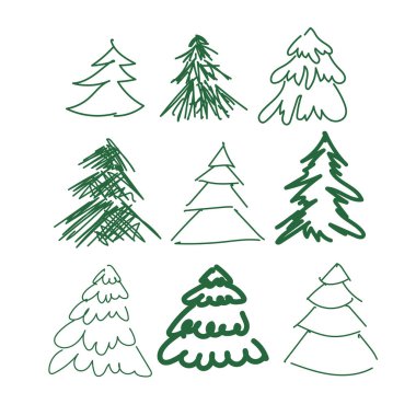 Basit bir karalama tarzında elle çizilmiş Noel ağaçları. Yeşil çizgilerle çizilmiş çeşitli yeşil şekiller, kış tasarımları, tatil kartları, çıkartmalar, desenler ve şenlikli çizimler için mükemmel.