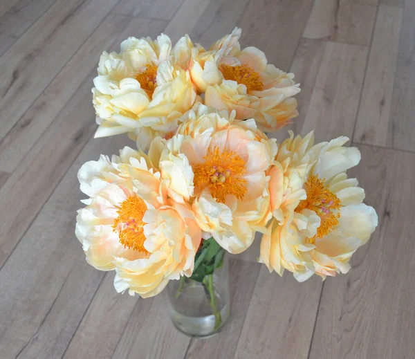 Bouquet of five yellow peonies with stems and green leaves in close up