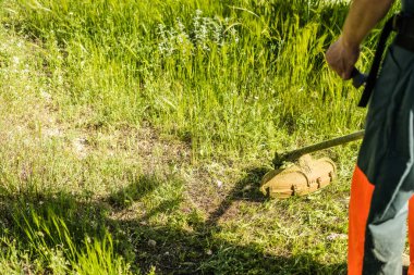 Güneşli bir bahar gününde bahçede çim biçme makinesiyle çimleri buduyor. Yan görünüm