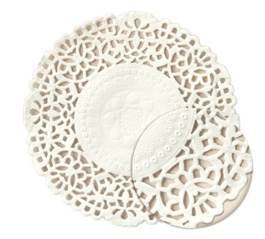 Büyüteç altında dekoratif desenli kağıt şekerleme peçetesi. Beyaz arkaplanda izole edilmiş hassas peçete