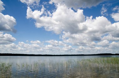 Göl yaz bulutlar doğal arka plan, sakin göl ve derin mavi gökyüzü manzara altında