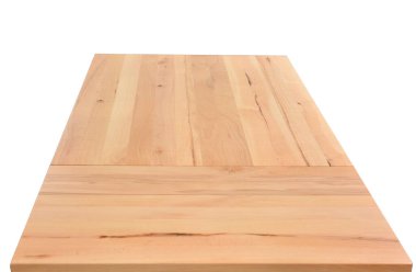 Tahta masa üstü yüzeyi beyaz arka planda izole edilmiş. Katı ahşap mobilyalar. 3 boyutlu görünüm.