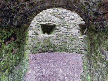 Eski Kelt kalesinin taş kemeri, İrlanda 'da bir Blarney kalesi, kayalar ve dağlar.