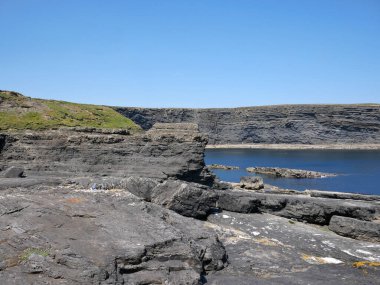 Kayalıklar ve Atlantik Okyanusu, kayalıklar ve laguna, doğadaki güzellik. Tatil seyahat arkaplanı