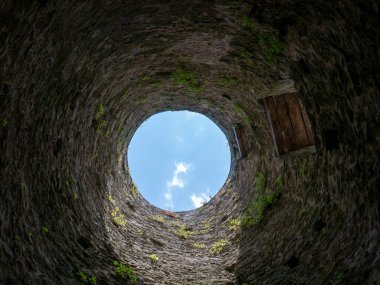 Taş kuyu çukuru, içeriden eski yapı, tuğla duvarlar ve mavi gökyüzü arka planı, kuyu kavramına göre çöker.