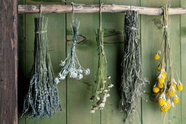 Kırsal arka planda çeşitli kurutulmuş otlar ve çiçekler