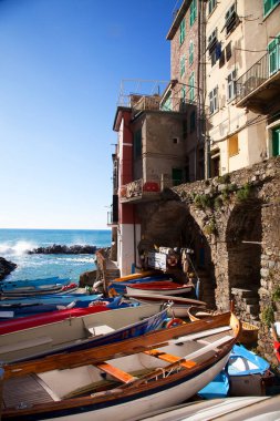 Boats in the port of Riomaggiore, Cinque Terre, Province of La Spezia, Liguria, Italy