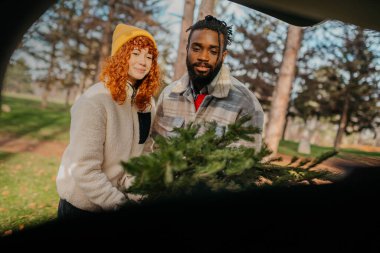 Genç çift arabada Noel ağacı paketliyor. Kaliteli fotoğraf. Genç çift arabada Noel ağacı paketliyor.