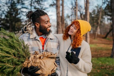 Erkek arkadaşı ve kız arkadaşı yeni Noel ağacını taşırken birlikte eğleniyorlar. Erkek arkadaşı ve kız arkadaşı yeni Noel ağacını eve taşırken birlikte eğleniyorlar. Yüksek kalite fotoğraf