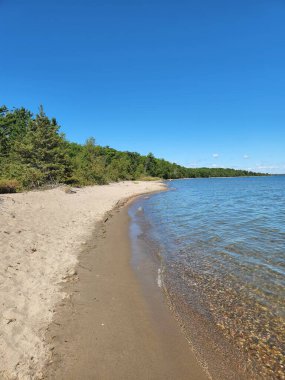 Kıvrımlı kumlu kıyı şeridi, yemyeşil ağaçlarla çevrili parlak mavi bir gökyüzünün altında berrak ve sığ bir göl suyuyla karşılaşıyor. Bu sakin doğal manzara sükuneti ve açık hava kaçışını çağrıştırıyor, bu da onu seyahat, doğa, sağlık ve arka plan kavramları için ideal kılıyor..