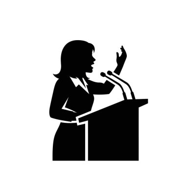 Kürsüde kadın konuşmacı silueti.