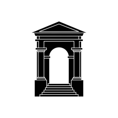 Klasik Roma kemerlerinin çarpıcı siyah silueti, sütunları ve basamakları temiz beyaz bir arkaplan üzerine kuruludur..