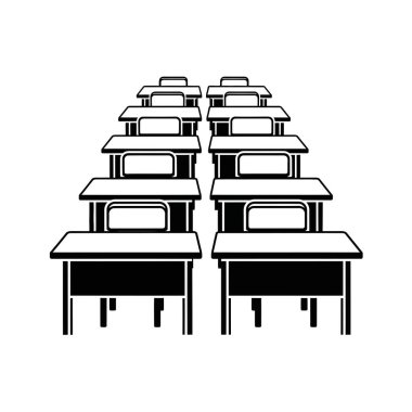 Boş sınıf sıralarının basit siyah beyaz çizimi, öğrenciler için düzenli olarak düzenlenmiştir..