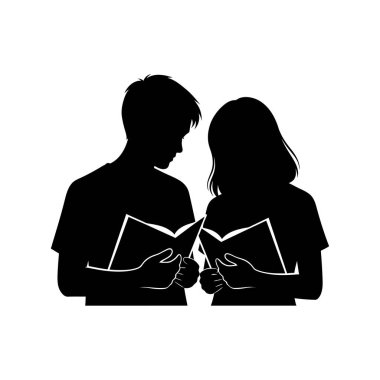 Yanyana duran bir adam ve bir kadının siyah silueti, her ikisi de kitap okumaya dalmış..