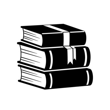 Bir kitap ayracı ve bir kurdele içeren, üst üste dizilmiş üç kitaptan oluşan basit bir siyah beyaz çizim..