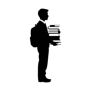 A silhouette of a student standing, holding a stack of books in one hand and wearing a backpack, symbolizing education and learning.