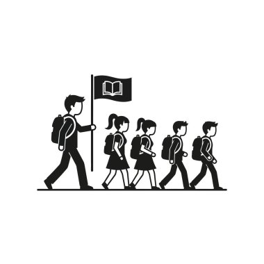 Sırt çantalı bir grup öğrenci, elinde açık bir kitap sembolü olan bayrak tutan bir öğretmen tarafından tek sıra halinde yürüyorlar..