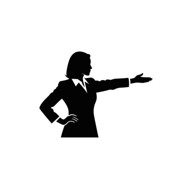 Takım elbiseli bir iş kadınının siyah bir silueti. Bir eli kalçasında, diğeri ise uzamış..