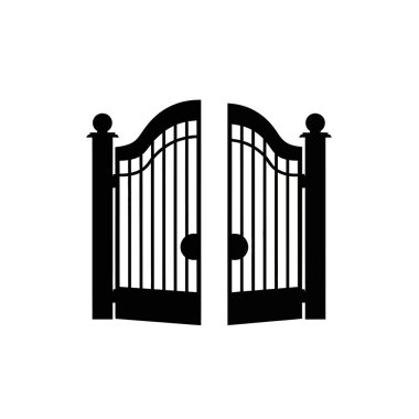 Zarif işlenmiş demir bir kapının klasik silueti, dekoratif kaplamalar ve beyaz arka planda izole edilmiş simetrik bir tasarım içeriyor..