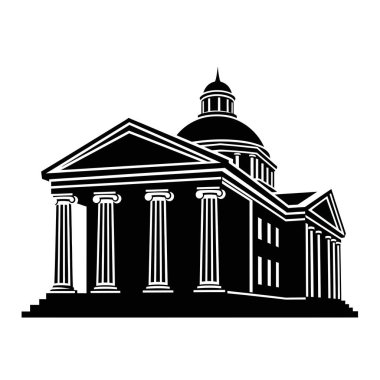 Seçkin bir kubbenin ve görkemli sütunların yer aldığı, hükümeti veya eğitimi temsil eden klasik bir binanın siyah ve beyaz çizimi.