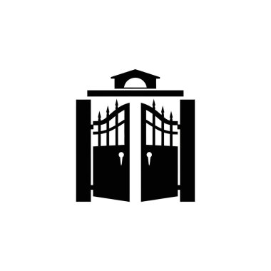 Beyaz bir arka planda izole edilmiş, üzerinde kemer bulunan, açık bir kapı girişinin siyah silueti..