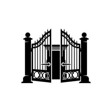 Dekoratif elementleri ve sağlam sütunları olan açık dövmeli demir bir kapının klasik siyah silueti..