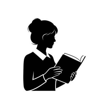 Siyah bir siluet, saçları bağlanmış, yakalı bir gömlek giymiş, kitap okumaya dalmış bir kadın..