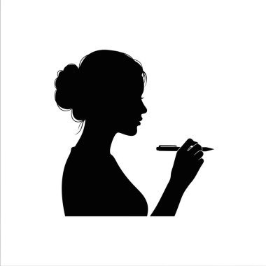 Profilde bir kadının çarpıcı siyah silueti, temiz beyaz bir arkaplana karşı bir kalem tutuyor ya da çiziyor gibi..