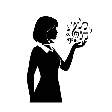 Avucunun içinde çeşitli notalar ve semboller tutan bir kadının siyah silueti, beyaz bir arka plana karşı..