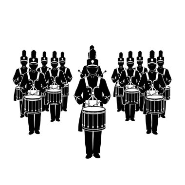 Bir grup bando davulcusu sıraya girip davullarını çalıyorlar..