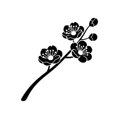 Çiçek açan üç çiçek ve iki açılmamış tomurcuğun yer aldığı bir kiraz ağacının minimalist siyah beyaz çizimi.