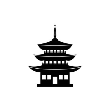 Çok katmanlı bir Japon pagodasının çarpıcı siyah silueti, klasik bir mimari stil, temiz beyaz bir arkaplan üzerine kuruludur..