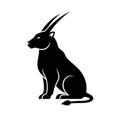 Bir antilobun çarpıcı siyah silueti, oturarak tasvir edilmiş, temiz beyaz bir arkaplanda izole edilmiş..