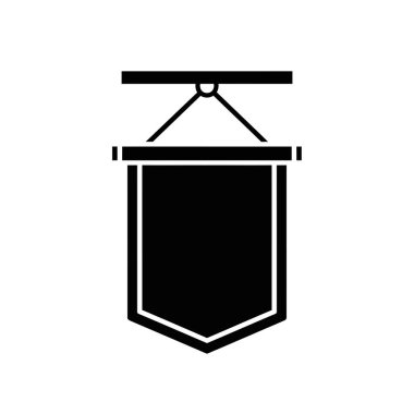 Yatay bir çubuğa asılı boş bir flamanın siyah beyaz simgesi, özel tasarım veya metin için hazır.