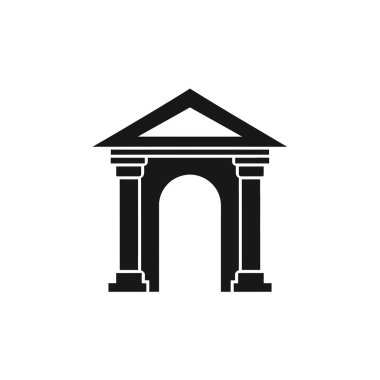 Önde gelen sütunların ve beyaz bir arka plana yaslanmış kemerli girişin yer aldığı klasik bir binanın basit siyah silüeti..