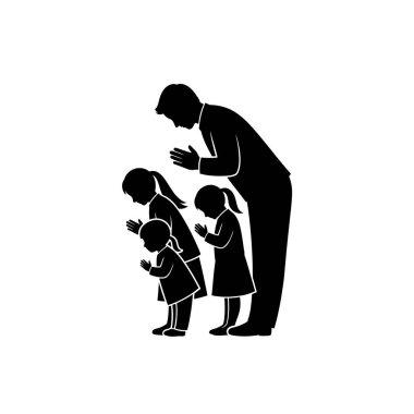 Bir baba ve üç küçük çocuğu siluette tasvir edilir, ayakta ve başlarını eğip dua ederler..