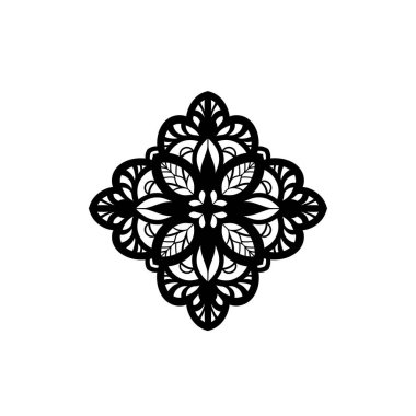 Zarif çiçek ve yaprak motifleri olan, dekoratif amaçlar için mükemmel, detaylı bir simetrik siyah beyaz mandala..