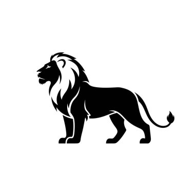 Beyaz bir arka planda profille tasvir edilmiş, akıcı yeleli güçlü bir erkek aslan silueti..