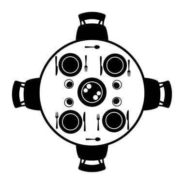Dört sandalyeli dairesel bir yemek masasının siyah ve beyaz çizimi, yemek için yer ayarlarıyla birlikte..