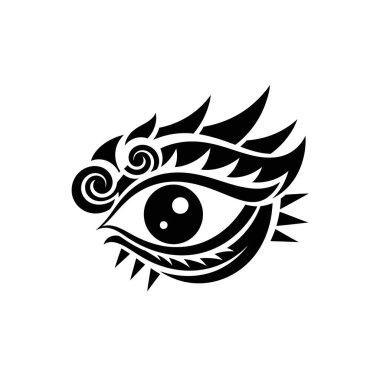İris ve göz bebekleri etrafında keskin kenarlar, girdaplar ve karmaşık desenler içeren kabile sanatı tarzındaki bir gözün çarpıcı siyah beyaz çizimi..