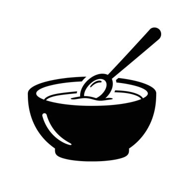 Bir kase dolusu sıvı, muhtemelen mısır gevreği ya da çorbayla dolu, içinde bir kaşık olan siyah ve beyaz bir resim..